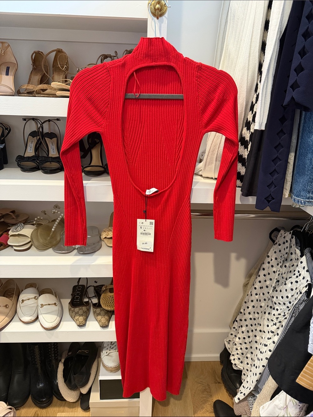 Zara Bright Red Ribbed Maxi Dress with Mock Neck